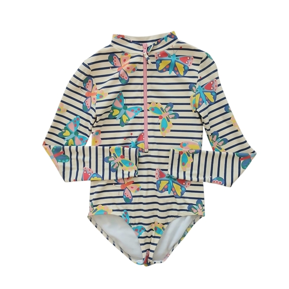 Boden Bathing Swim Suit Girl's Youth 8-10 Striped Butterfly Zip Up Rash Guard - Picture 1 of 5
